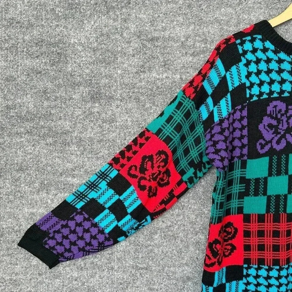 Vintage 80s Patchwork Sweater Womens M/L Colorful Relaxed Long Knit Pullover Top - Picture 9 of 15